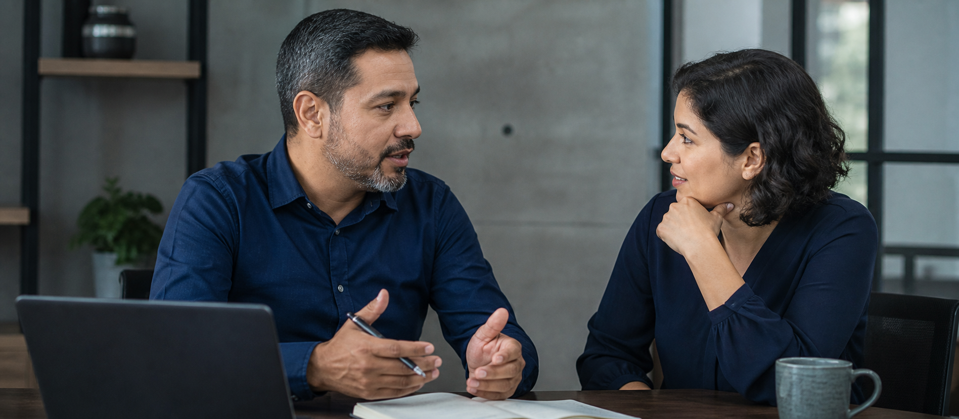 Dos adultos en conversación de orientación y colaboración.