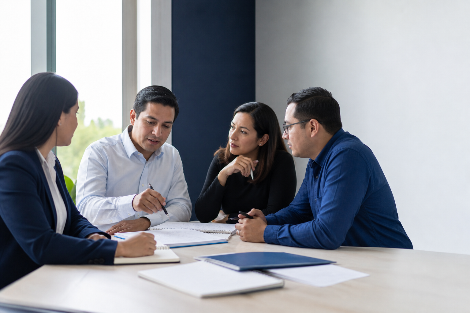 Cuatro profesionales adultos en una reunión de planeación.